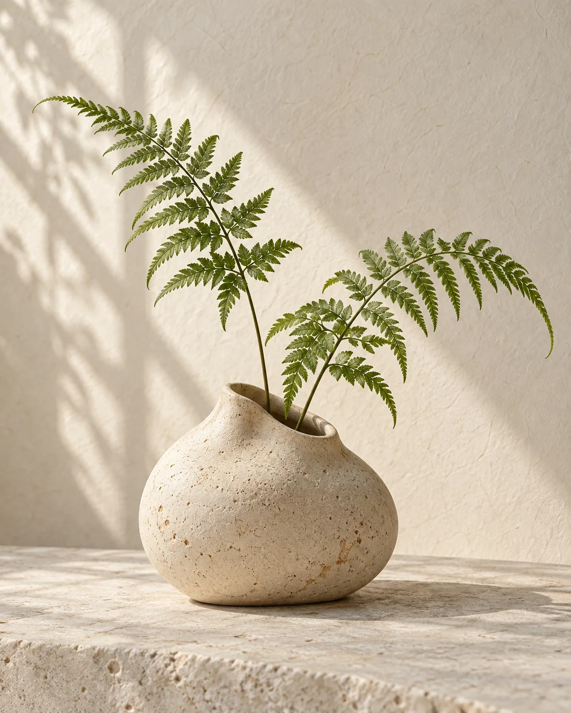 An ivory ceramic vessel holding two fern fronds.